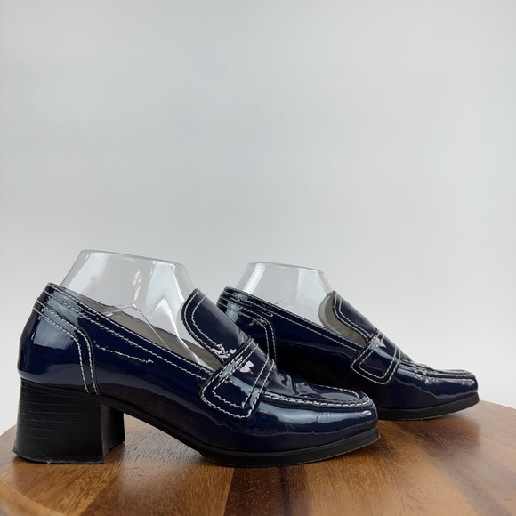 Womens Nicole Saldana Navy Blue Patent Leather Block Heel Loafers Size EU 39 GUC - Picture 1 of 8